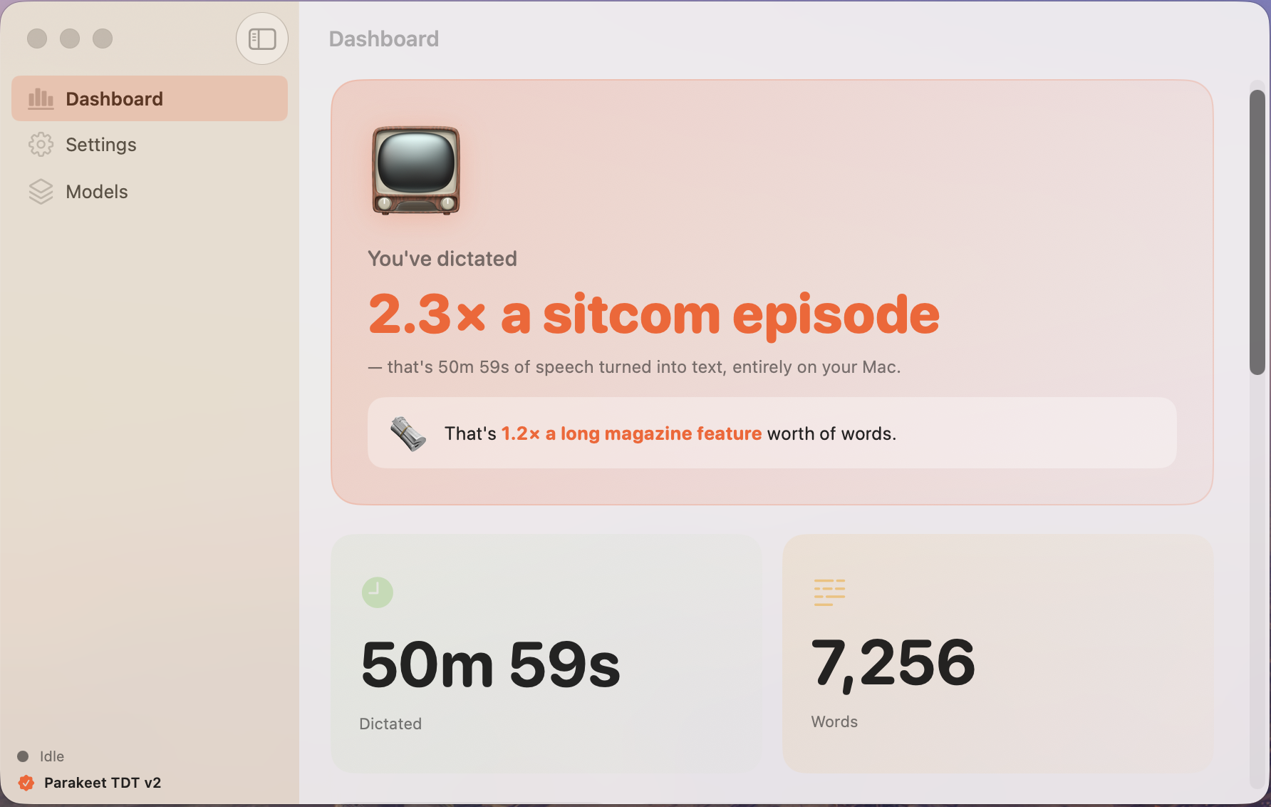 PrivoVoice Dashboard showing playful usage stats: 2.3× a sitcom episode of dictation, 50m 59s dictated, 7,256 words