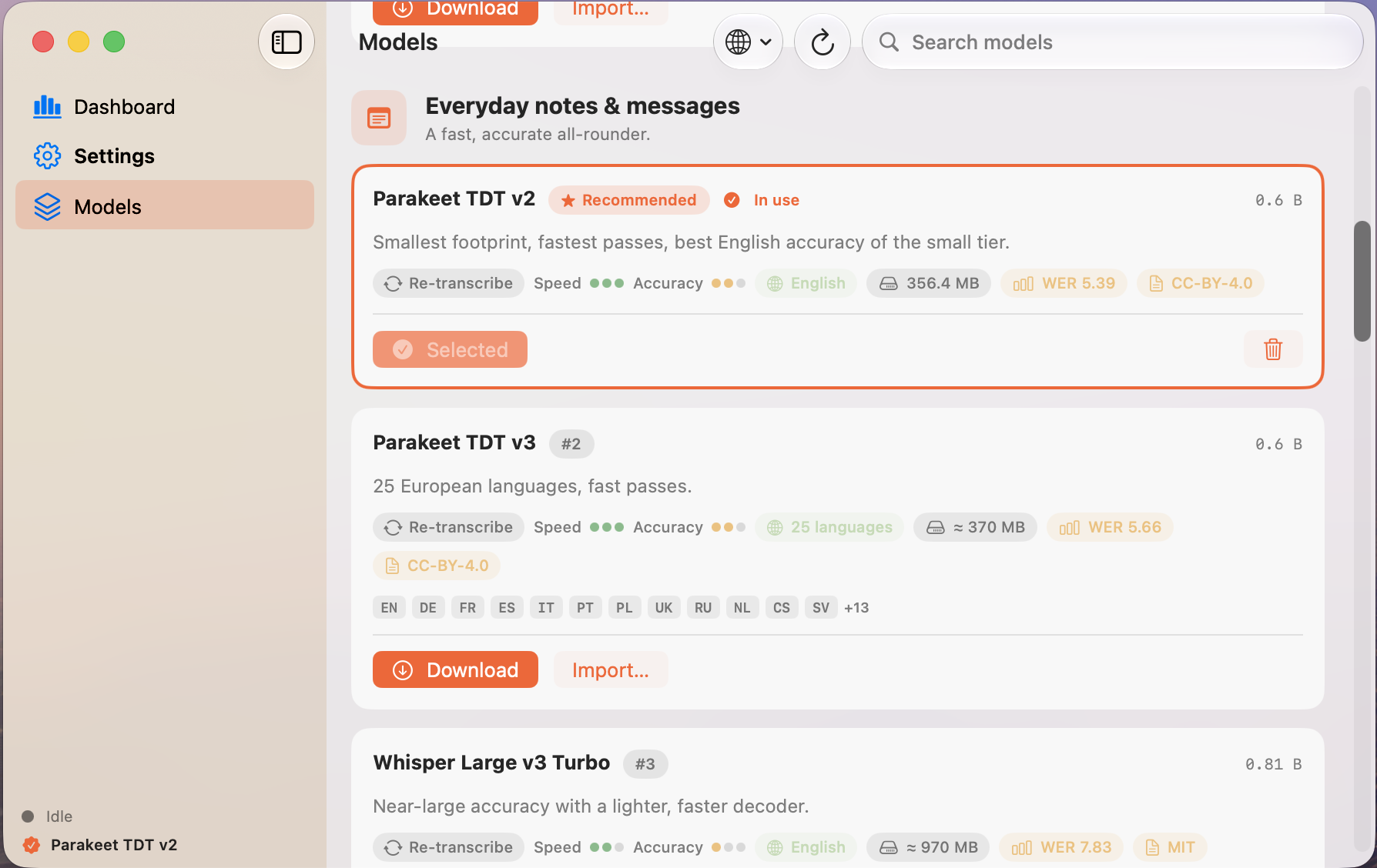 PrivoVoice Models tab showing downloadable speech models with speed, accuracy, size, and language badges
