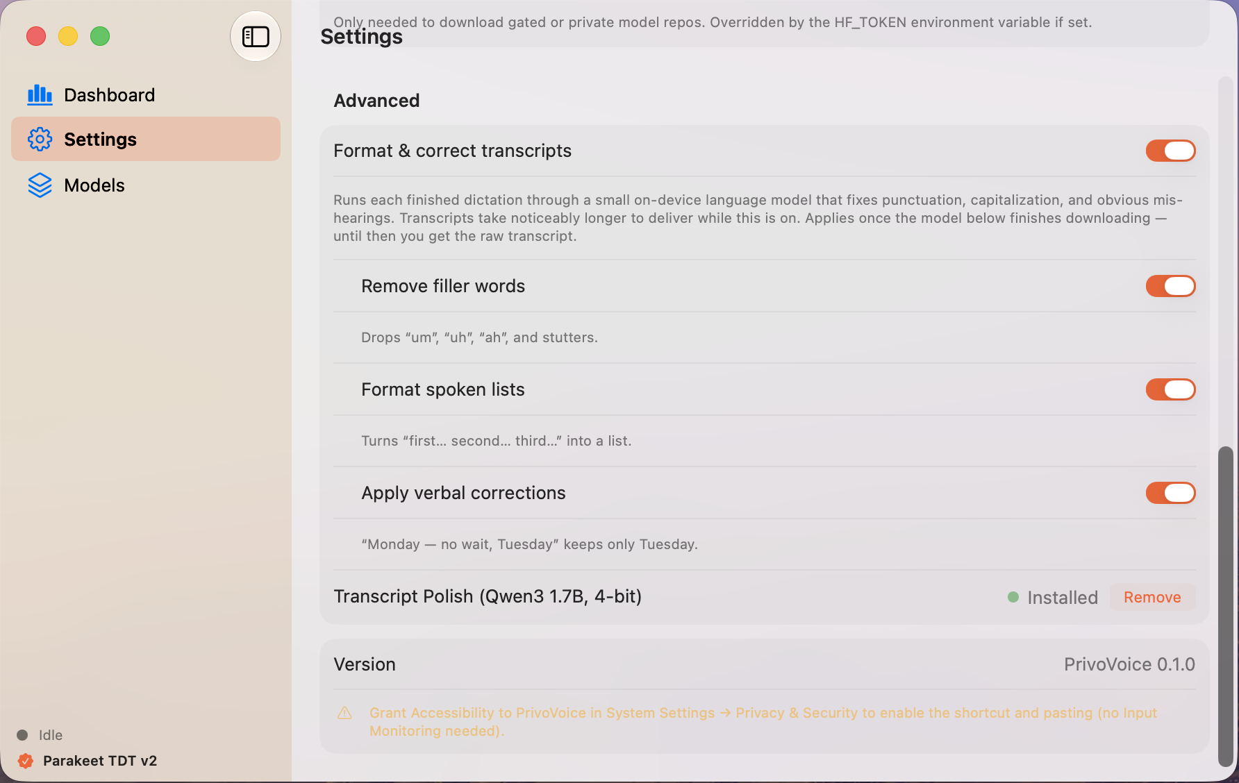 PrivoVoice Settings showing the Format & correct transcripts toggles: remove filler words, format spoken lists, apply verbal corrections